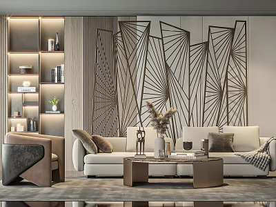 Elegant Modern Living Room Sofa Coffee Table Set With Geometric Wall Accent Chair And Decor 3d model