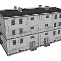 Vintage Multi Story Building With Weathered Exterior Windows Chimneys And External Stairs