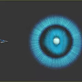 Blue Glowing Fluffy Sphere With Small Flying Object On Dark Background