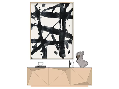 Modern Minimalist Interior With Large Black White Abstract Painting Geometric Beige Cabinet And Gray Sculpture 3d model