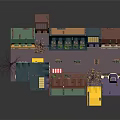 Cartoon Street Scene with Colorful Buildings Balconies Awnings Benches and Street Lamps