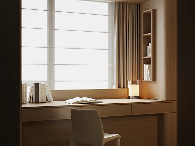 Modern Wooden Bay Window Cabinet With Desk Books Table Lamp And Blinds 3d model