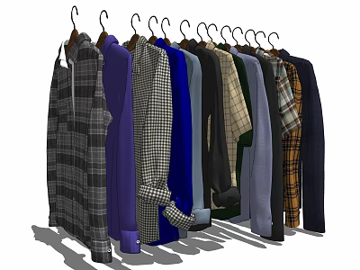Stylish Hanging Clothes With Various Colors And Patterns On Wooden Hangers 3d model