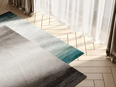 Square Area Rug With Gradient Colors On Herringbone Wooden Floor Sunlit With White Sheer Curtains 3d model