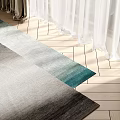 Square Area Rug With Gradient Colors On Herringbone Wooden Floor Sunlit With White Sheer Curtains