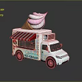 Light Blue Ice Cream Truck Featuring Large Pink And White Cone Red White Striped Awning