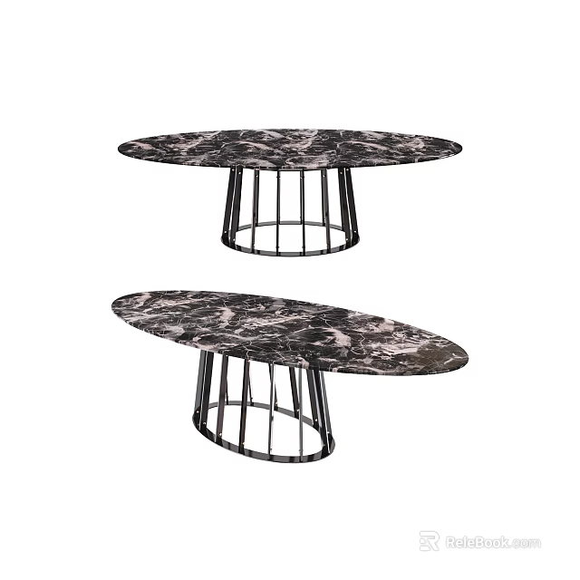 Round And Oval Modern Coffee Tables With Marble Textured Top And Black Metal Frame 3d model 