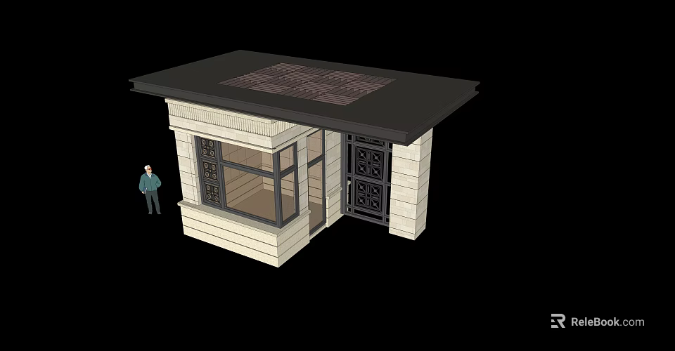 Small Building Model With Light Exterior Black Roof Solar Panels Windows And Decorative Door 3d model 