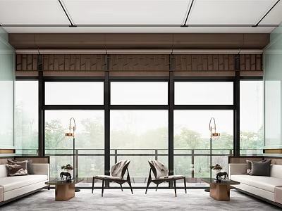 Contemporary Lounge Area Interior With Sofas Chairs Coffee Tables And Floor Lamps 3d model