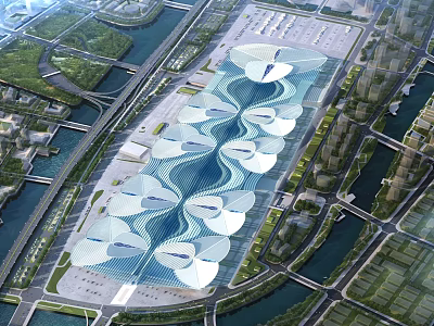 Large Scale Modern Architectural Complex With Unique Wave Shaped Roof In Urban Waterfront Area 3d model