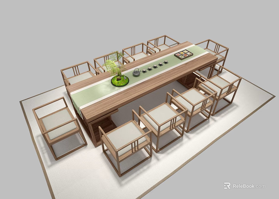 Wooden Chinese Style Table And Chair Set With Green Plant And Tea Set 3d model 