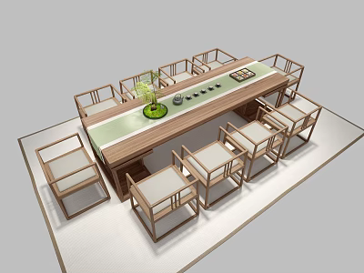 Wooden Chinese Style Table And Chair Set With Green Plant And Tea Set 3d model