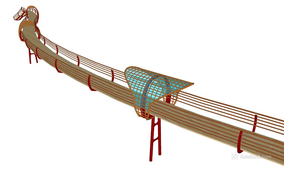 Modern Bridge Design With Glass Canopy And Red Supports Wooden Deck 3d model 