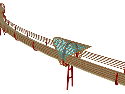 Modern Bridge Design With Glass Canopy And Red Supports Wooden Deck 3d model
