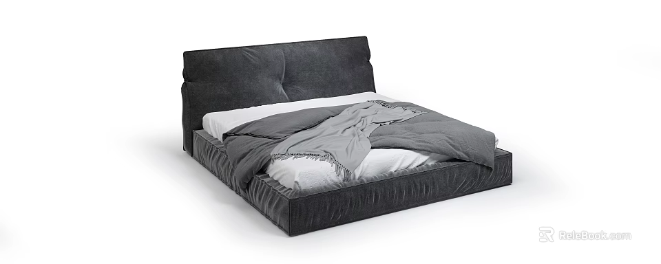 Modern Dark Gray Velvet Double Bed with Upholstered Headboard Gray Blanket White Sheets 3d model 