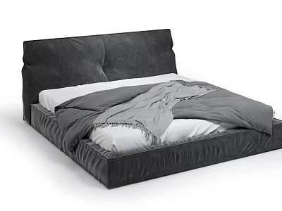Modern Dark Gray Velvet Double Bed with Upholstered Headboard Gray Blanket White Sheets 3d model