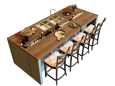 Wooden Bar Counter With Sink High Chairs Decorative Plants And Kitchenware Items 3d model