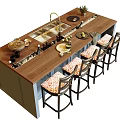 Wooden Bar Counter With Sink High Chairs Decorative Plants And Kitchenware Items