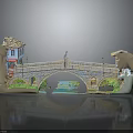 Detailed Arch Bridge Model Scene With Traditional Houses Green Plants And Water