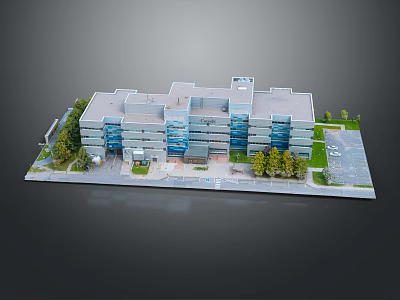 Modern Office Building Model Featuring Glass Facade Green Lawns Parking Lot And Entrance 3d model