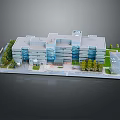 Modern Office Building Model Featuring Glass Facade Green Lawns Parking Lot And Entrance