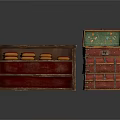 Dark Multi Layer Shelf With Yellow Items And Open Wooden Chest Containing Red Green Items