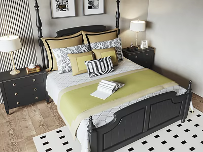 Black Wooden Double Bed With Green White Bedding Decorative Pillows Nightstands And Table Lamps 3d model