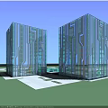 Modern Glass Office Building With Geometric Design Green Lawn And Curved Pathway