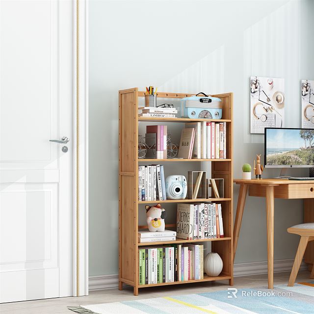Wooden Bookshelf with Books Radio Teddy Bear and Decorations next to Desk and Computer 3d model 