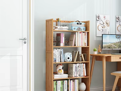 Wooden Bookshelf with Books Radio Teddy Bear and Decorations next to Desk and Computer 3d model