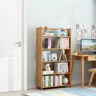 Wooden Bookshelf with Books Radio Teddy Bear and Decorations next to Desk and Computer 3d model