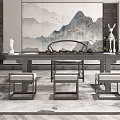 Modern Tea Room Interior With Landscape Painting Long Table Chairs And Circular Arch