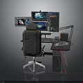 Ergonomic Office Chair And Red Computer Desk With Multiple Monitors Setup 3d model