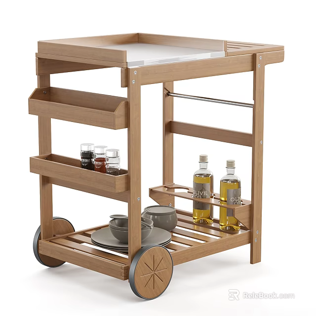 Wooden Tea Table Cart with Shelves Wheels and Tea Cups Jars 3d model 