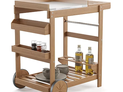 Wooden Tea Table Cart with Shelves Wheels and Tea Cups Jars 3d model