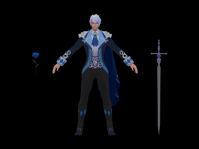 White Haired Character In Blue And White Outfit With Cape Blue Rose And Sword 3d model