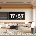 Modern Living Room Interior With Large TV White Sofas Round Coffee Table And Herringbone Rug