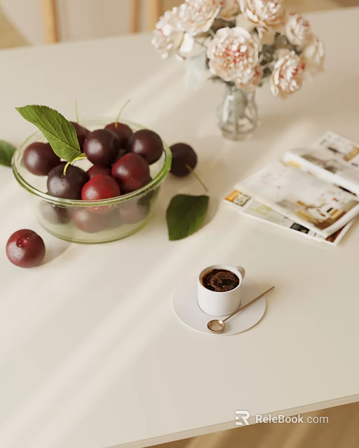 Fresh Cherries in Glass Bowl with Green Leaves Coffee Cup and Magazines on Light Table 3d model 