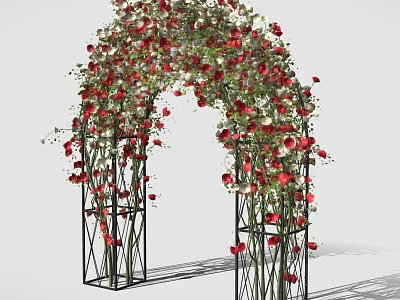 Floral Decorative Arch With Abundant Red Roses And Black Metal Frame 3d model