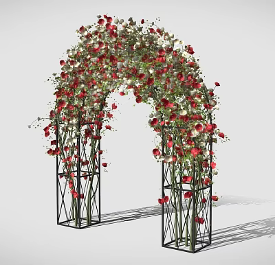 Floral Decorative Arch With Abundant Red Roses And Black Metal Frame 3d model