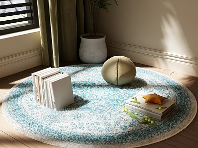 Round Blue and White Patterned Rug with Books Pillow and Starfish in Sunlit Room 3d model