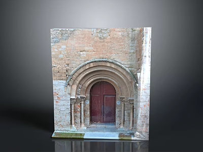 Ancient Arched Red Wooden Door With Intricate Stone Wall Decorations And Historic Architecture 3d model