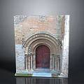 Ancient Arched Red Wooden Door With Intricate Stone Wall Decorations And Historic Architecture