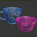 Decorative Cups with Colorful Patterns Flowers Bird Cactus and PUNK DREAM Text Design