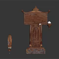 Traditional Wooden Architectural Component With Carved Roof Structure And Flanking Decorative Piece