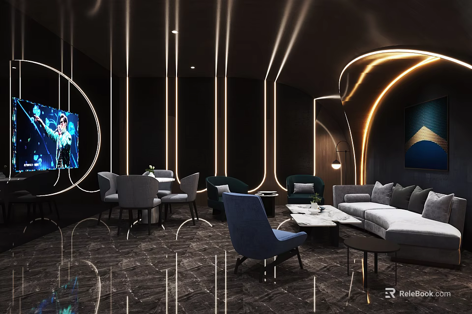 Modern KTV Lounge With Stylish Sofa Large Screen Round Lighting And Comfortable Seating 3d model 