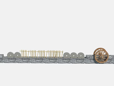 Traditional Feature Wall Design With Stone Base Wooden Fence And Decorative Millstones Wooden Wheel Accents 3d model