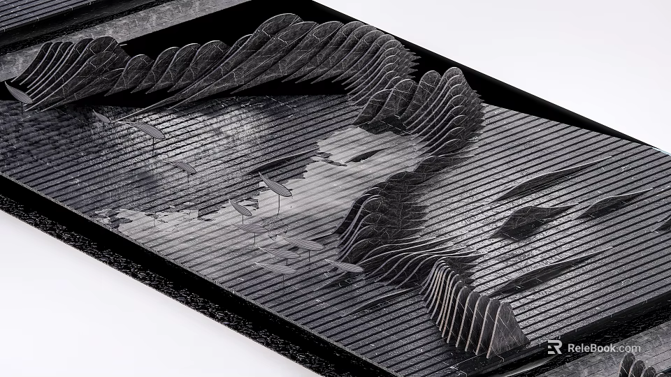Miniature Garden in Black Tray Featuring Wavy Mountain Structures And Water Texture 3d model 