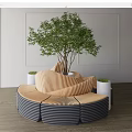 Circular Outdoor Chair Featuring Light Dark Striped Material Large Tree Center Small White Flower Pots