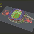 3D Stadium Model With Red Seats Green Turf And Fan Shaped Modern Design